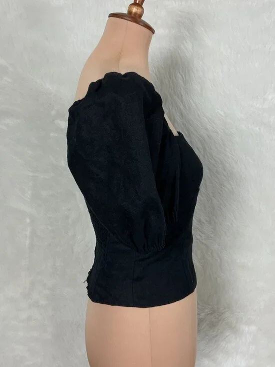 Reformation Arancini Black Linen Puff Sleeve Smocked Back Top 4 - Picture 4 of 7